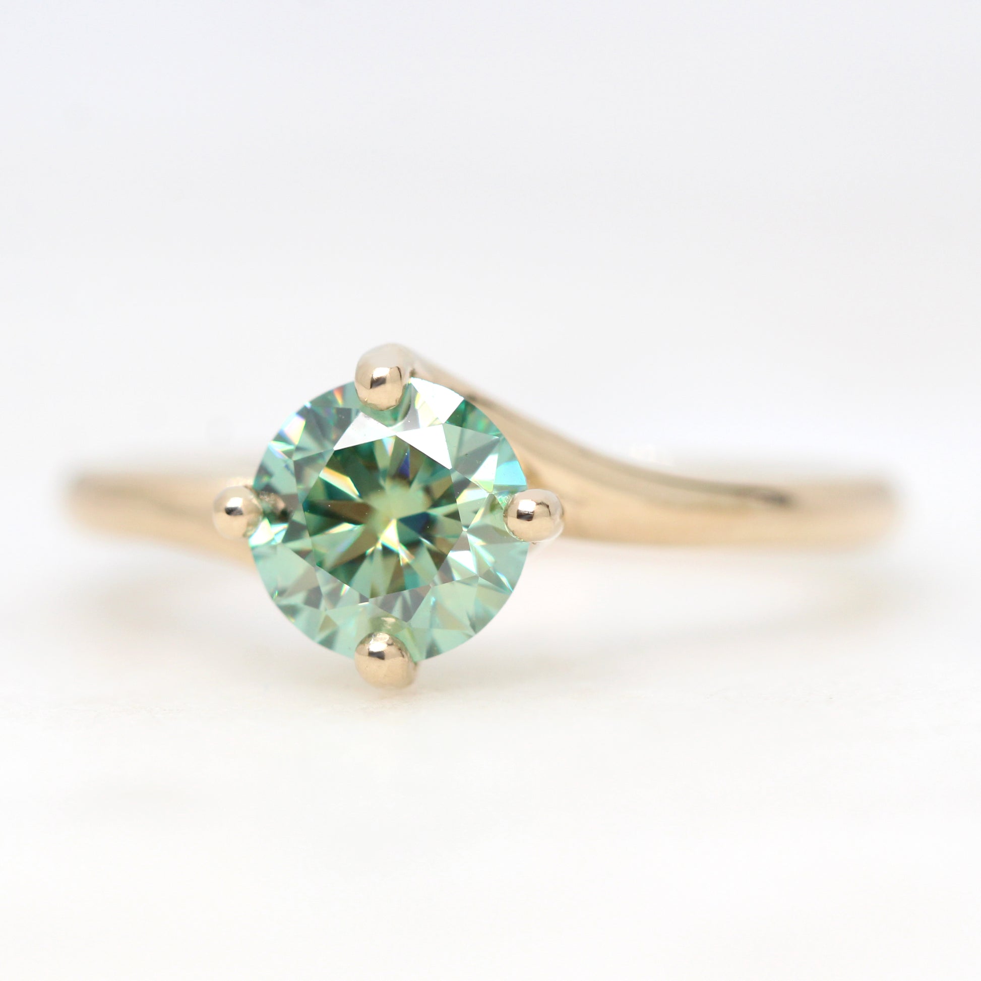 Spira Ring with a 1.00 Carat Round Teal Moissanite in 14k Champagne Gold - Ready to Size and Ship - Midwinter Co. Alternative Bridal Rings and Modern Fine Jewelry