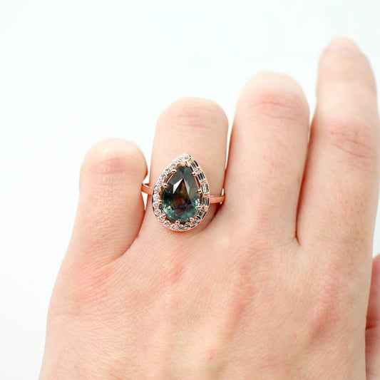 Collins Ring with a 6.21 Carat Teal Pear Sapphire and White Accent Diamonds in 14k Rose Gold - Ready to Size and Ship - Midwinter Co. Alternative Bridal Rings and Modern Fine Jewelry