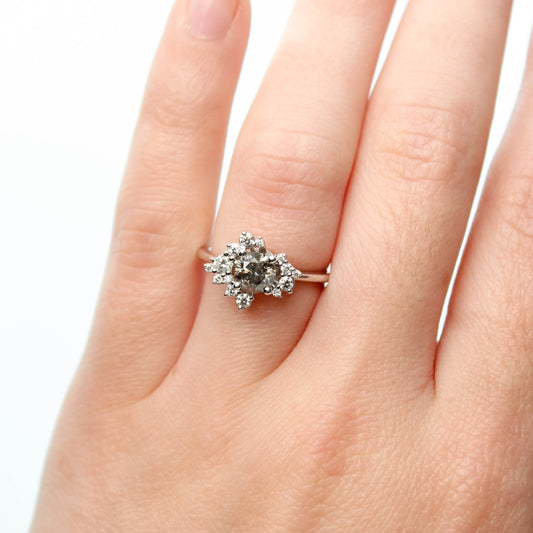 Orion Ring with a 0.81 Carat Round Charcoal Salt and Pepper Diamond and White Accent Diamonds in 14k White Gold - Ready to Size and Ship - Midwinter Co. Alternative Bridal Rings and Modern Fine Jewelry