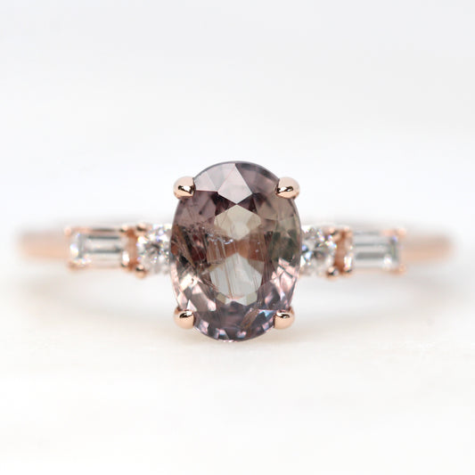 River Ring with a 1.74 Carat Oval Blush Pink Sapphire and White Accents Diamonds in 14k Rose Gold - Ready to Size and Ship - Midwinter Co. Alternative Bridal Rings and Modern Fine Jewelry