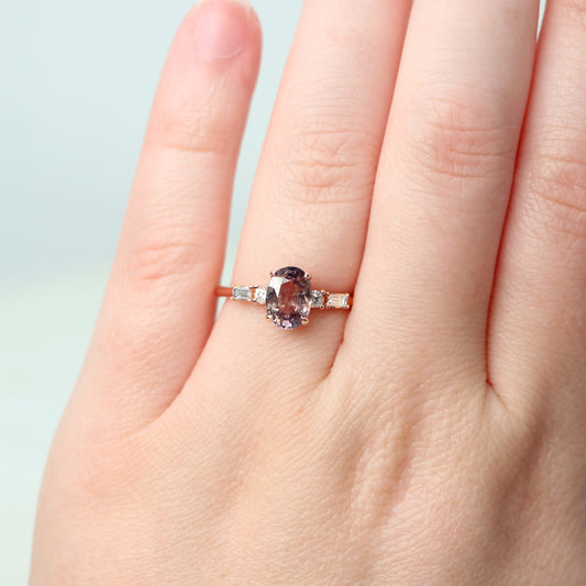 River Ring with a 1.74 Carat Oval Blush Pink Sapphire and White Accents Diamonds in 14k Rose Gold - Ready to Size and Ship - Midwinter Co. Alternative Bridal Rings and Modern Fine Jewelry