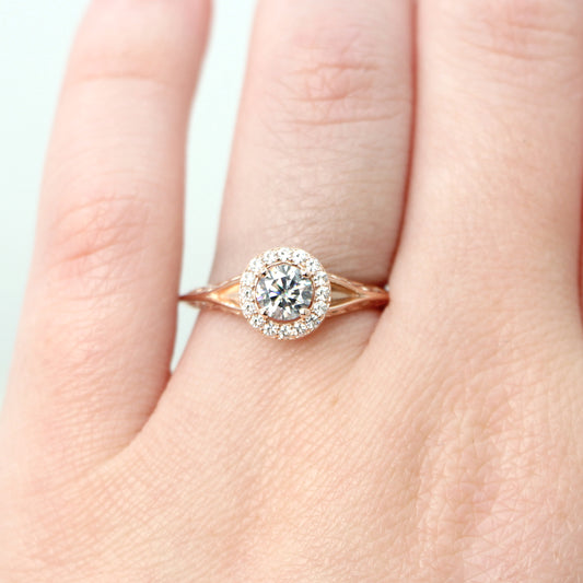 Rosie Ring with a Round Gray Moissanite and Round Accent Moissanites - Made to Order, Choose Your Gold Tone - Midwinter Co. Alternative Bridal Rings and Modern Fine Jewelry