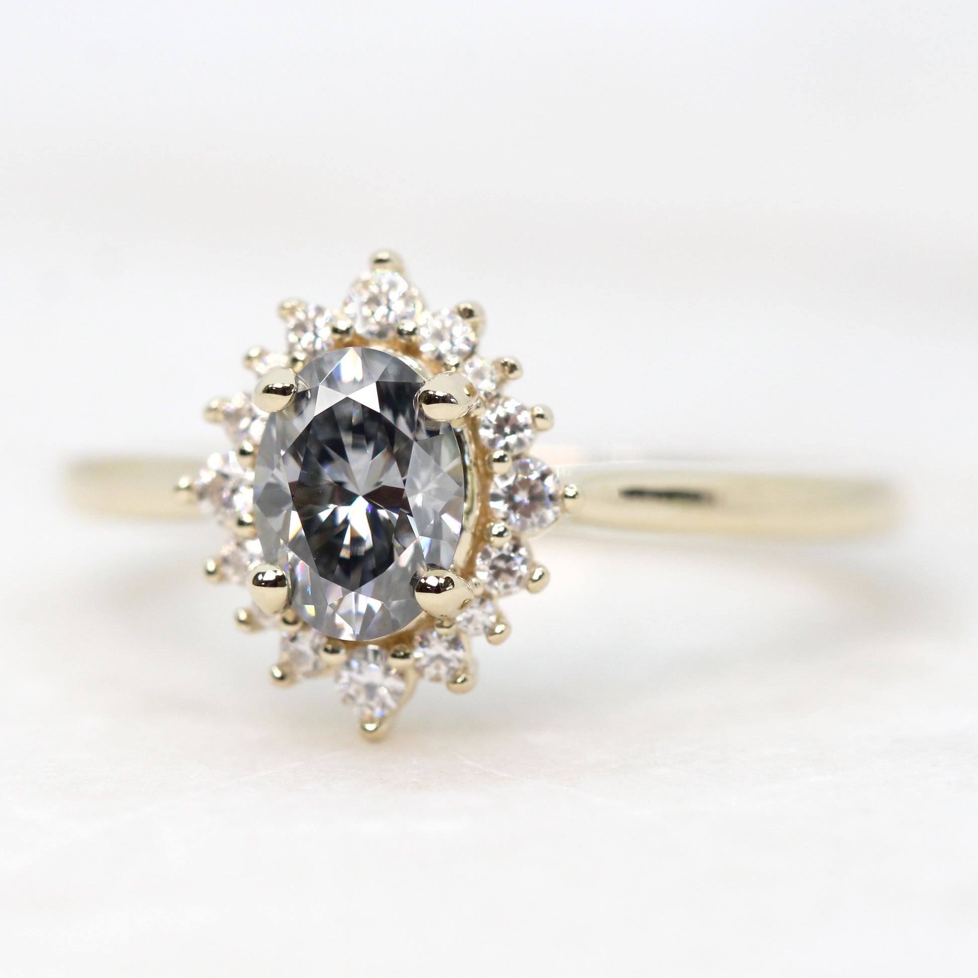 Lena Ring with an Gray Oval Moissanite and Moissanite Accents - Made to Order, Choose Your Gold Tone - Midwinter Co. Alternative Bridal Rings and Modern Fine Jewelry
