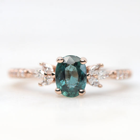 Betty Ring with a 1.11 Carat Oval Teal Blue Sapphire and White Accent Diamonds in 14k Rose Gold - Ready to Size and Ship