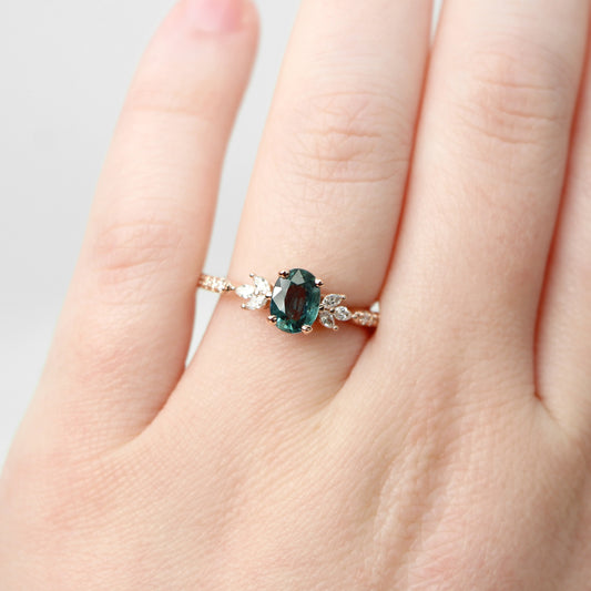 Betty Ring with a 1.11 Carat Oval Teal Blue Sapphire and White Accent Diamonds in 14k Rose Gold - Ready to Size and Ship