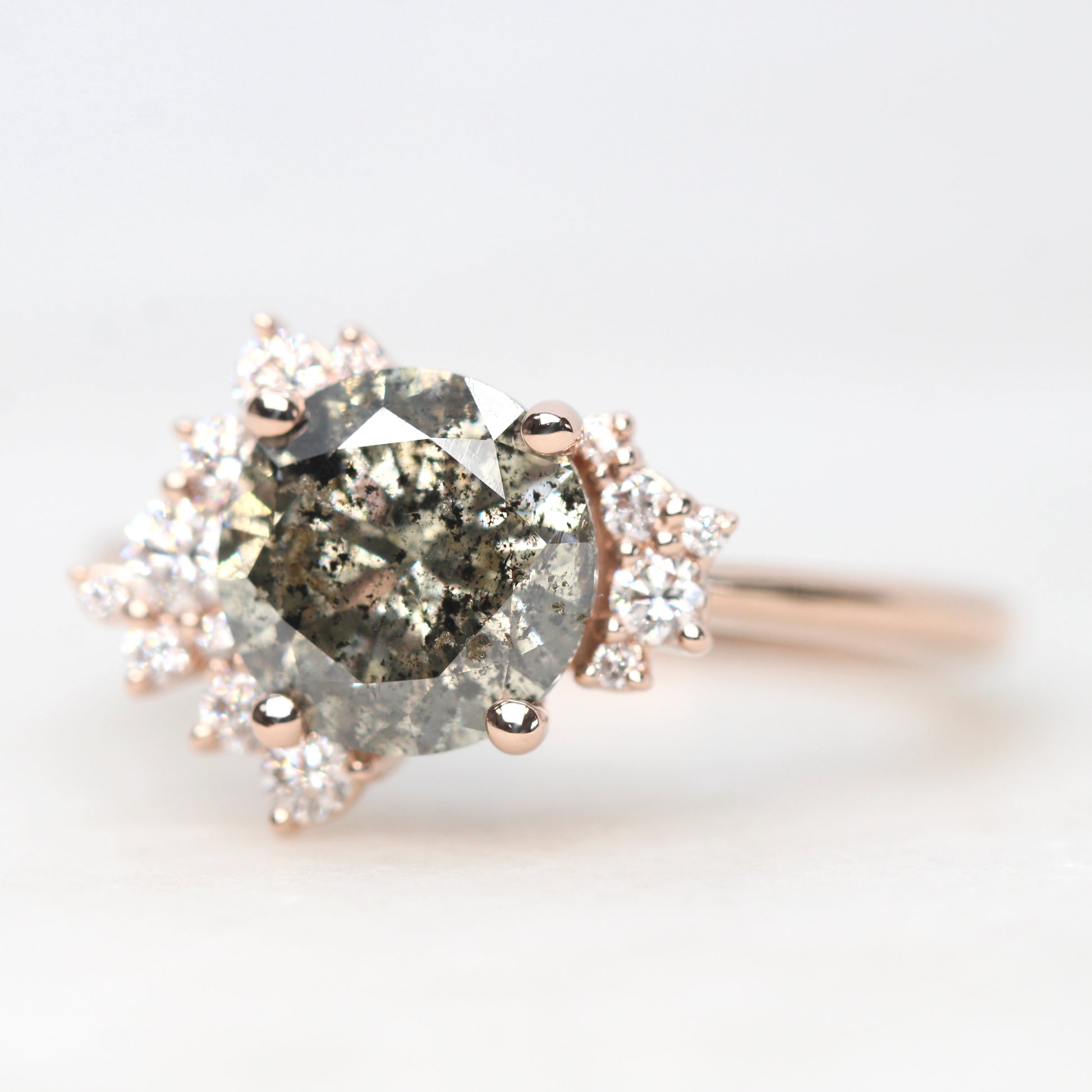 Orion Ring with a 2.08 Carat Round Dark Champagne Salt and Pepper Diamond and White Accent Diamonds in 14k Rose Gold - Ready to Size and Ship - Midwinter Co. Alternative Bridal Rings and Modern Fine Jewelry