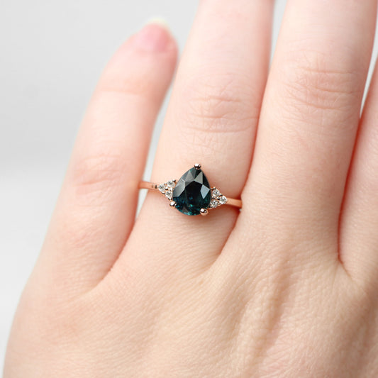 Imogene Ring with a 2.31 Carat Pear Teal Blue Sapphire and White Accent Diamonds in 14k Rose Gold - Ready to Size and Ship