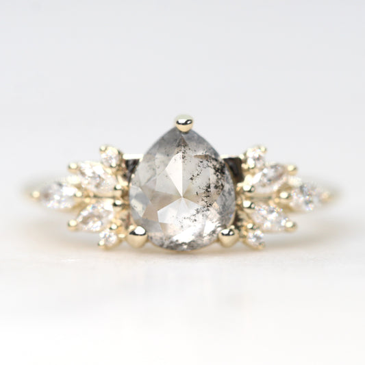 Odette Ring with a 1.50 Carat Pear Clear Gray Salt and Pepper Diamond and White Accent Diamonds in 14k Yellow Gold - Ready to Size and Ship