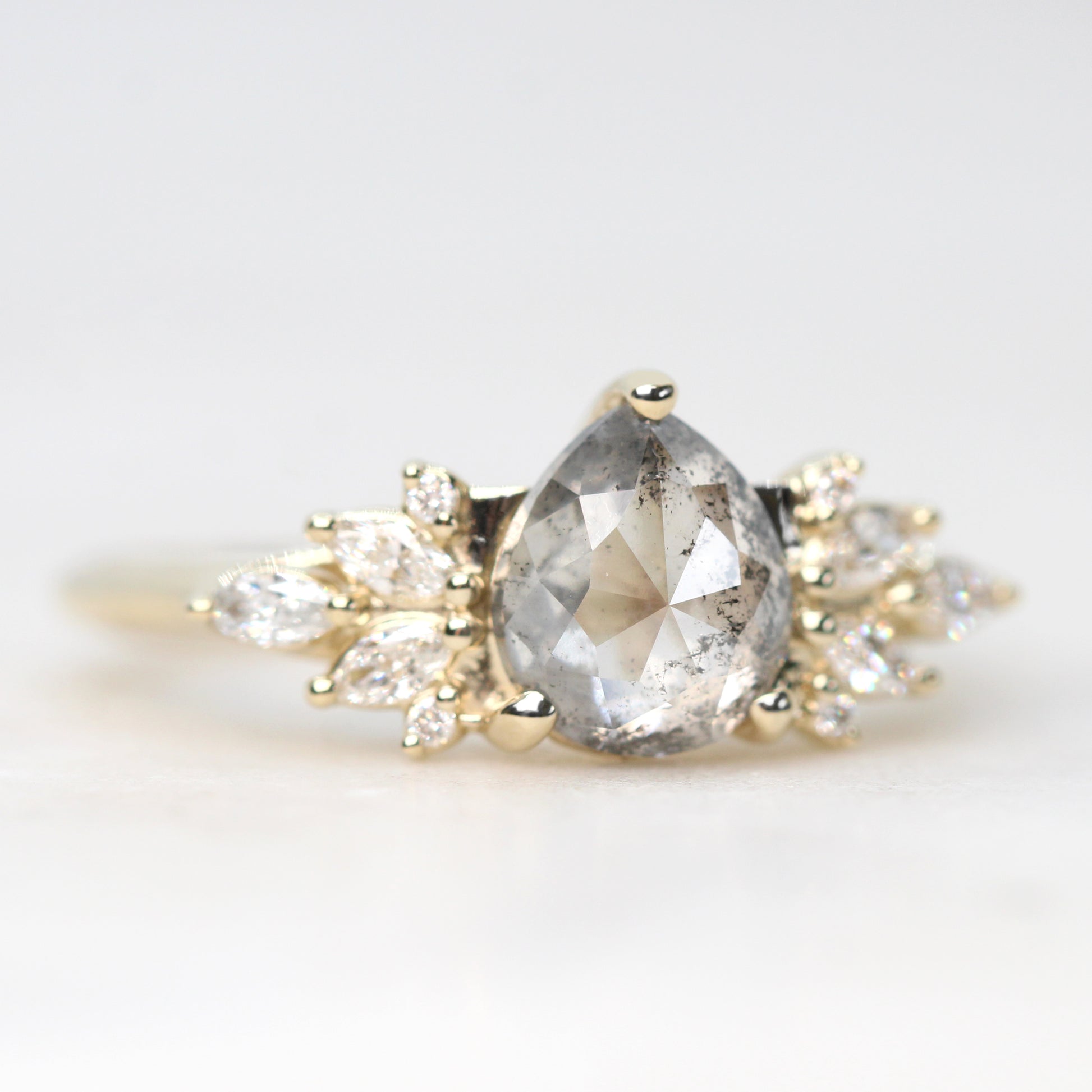 Odette Ring with a 1.50 Carat Pear Clear Gray Salt and Pepper Diamond and White Accent Diamonds in 14k Yellow Gold - Ready to Size and Ship - Midwinter Co. Alternative Bridal Rings and Modern Fine Jewelry