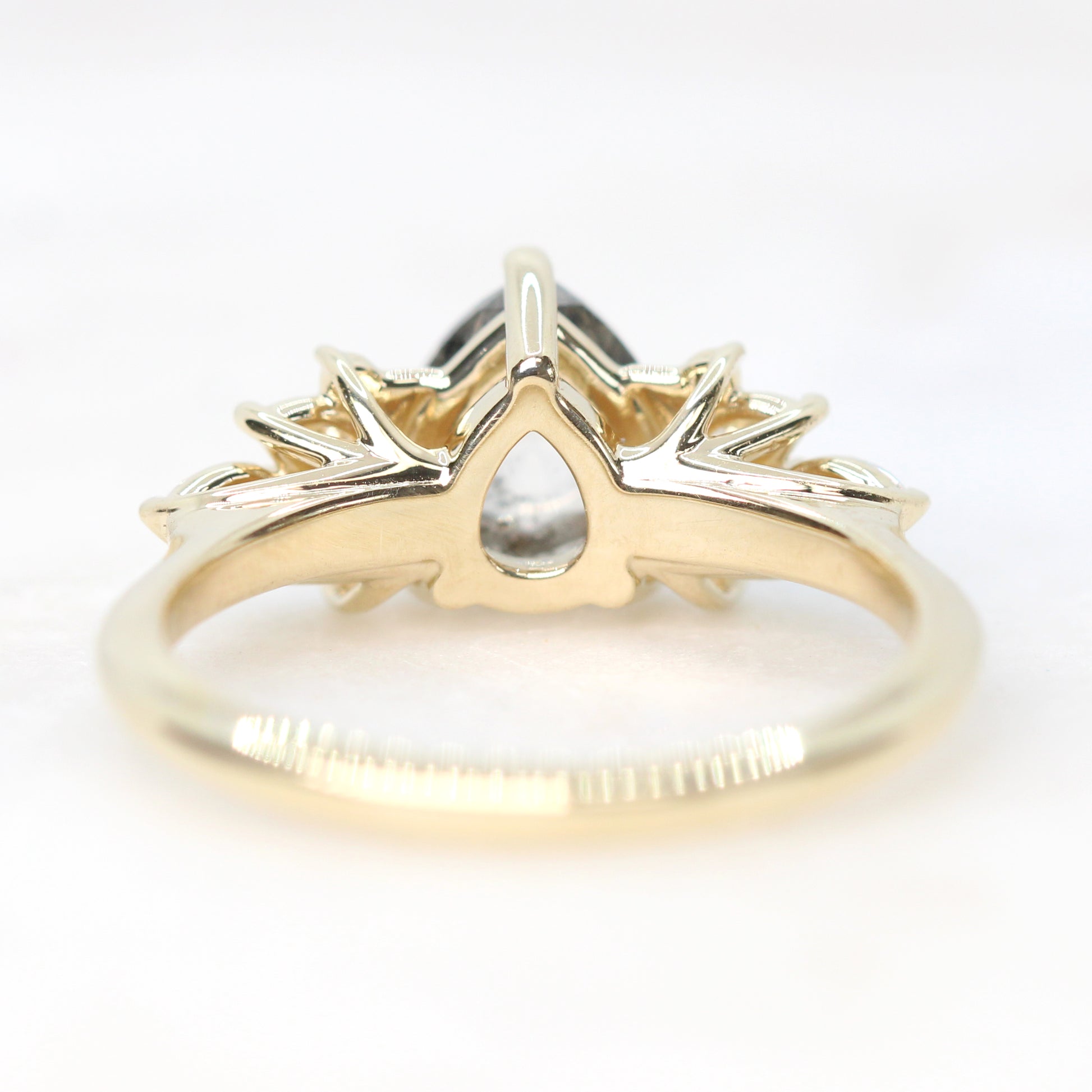 Odette Ring with a 1.50 Carat Pear Clear Gray Salt and Pepper Diamond and White Accent Diamonds in 14k Yellow Gold - Ready to Size and Ship - Midwinter Co. Alternative Bridal Rings and Modern Fine Jewelry