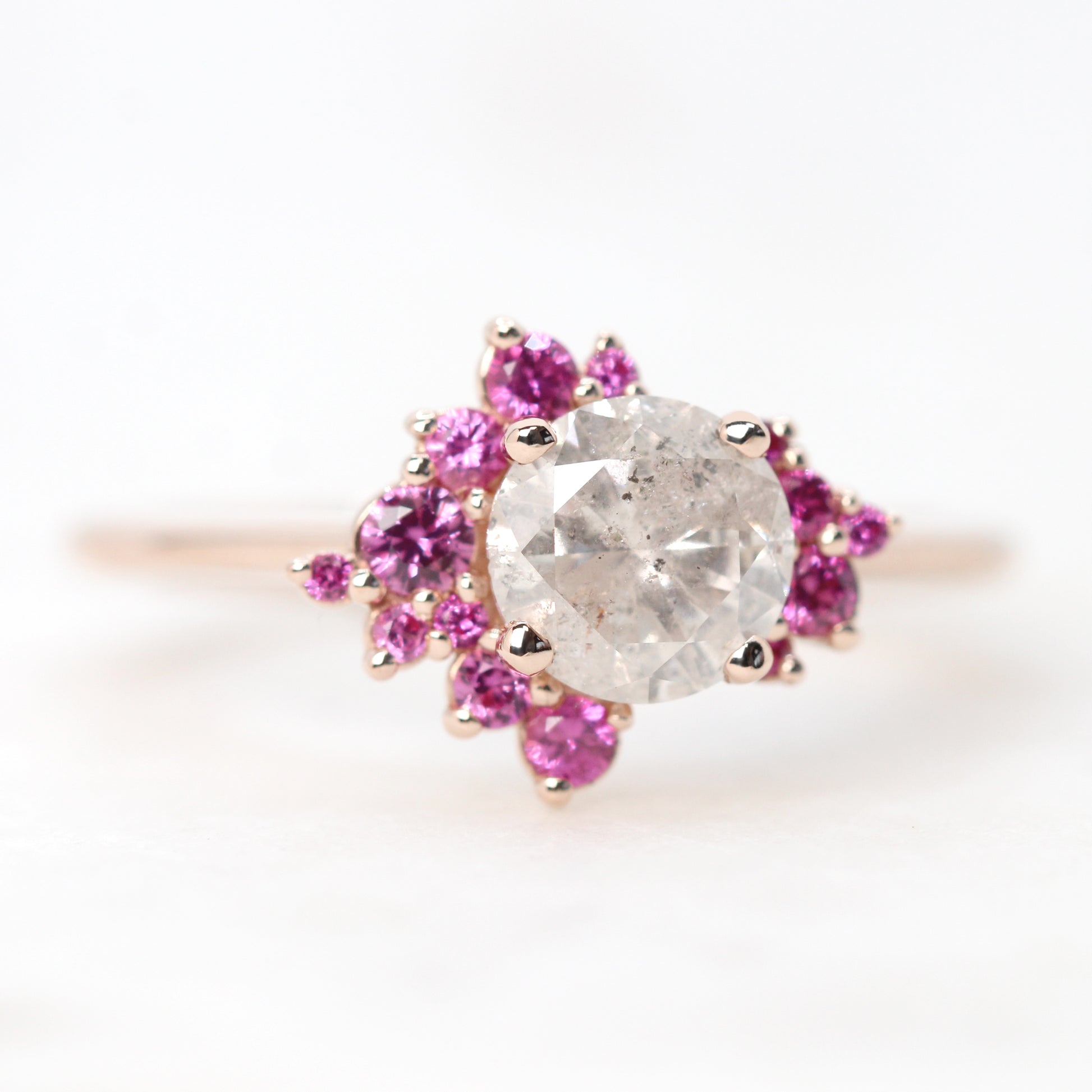 Orion Ring with a 1.02 Carat Round White Celestial Diamond and Pink Sapphire Accents in 14k Rose Gold - Ready to Size and Ship - Midwinter Co. Alternative Bridal Rings and Modern Fine Jewelry
