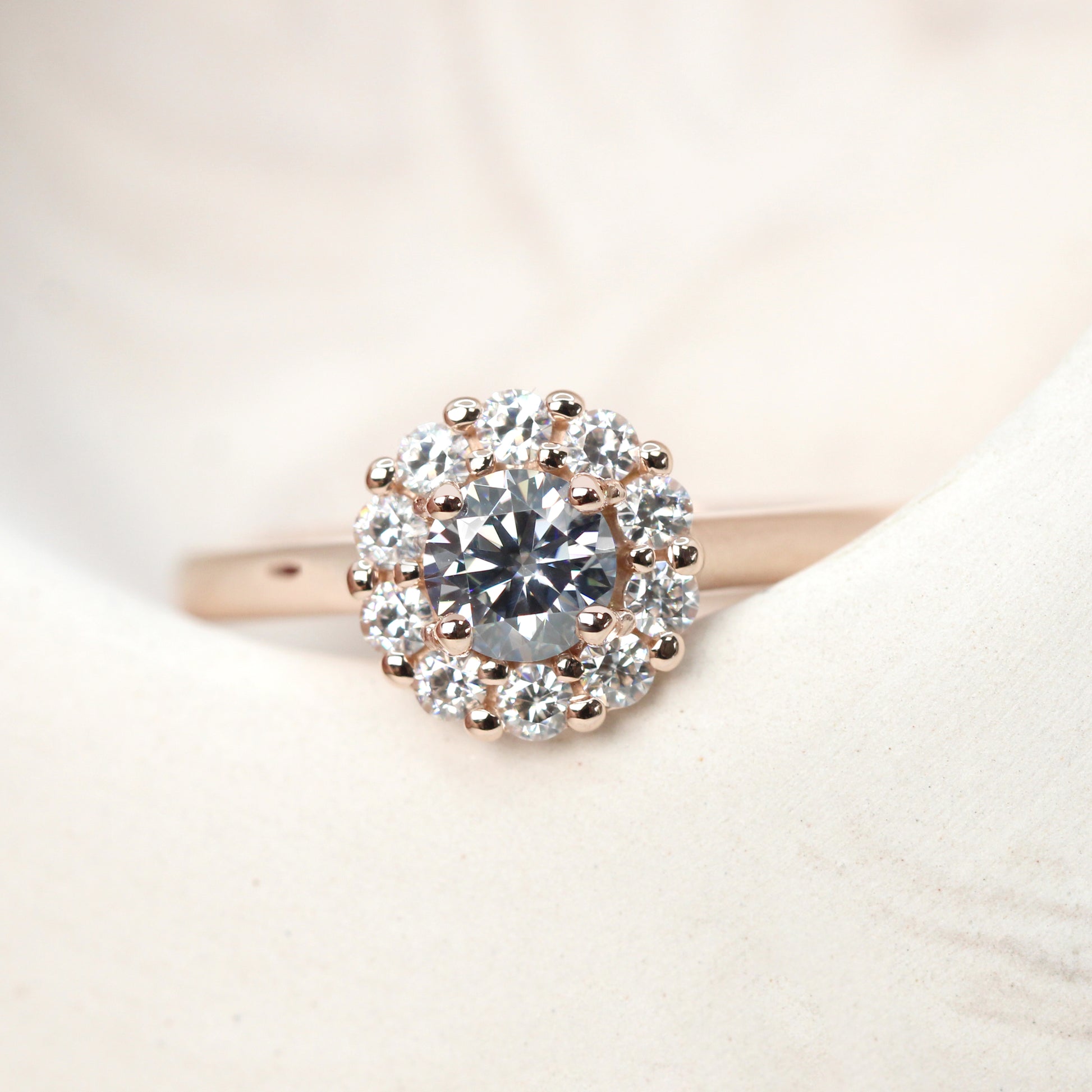 Magnolia Ring with a 0.50 Carat Round Gray Moissanite and Round Accent Moissanites - Made to Order, Choose Your Gold Tone - Midwinter Co. Alternative Bridal Rings and Modern Fine Jewelry