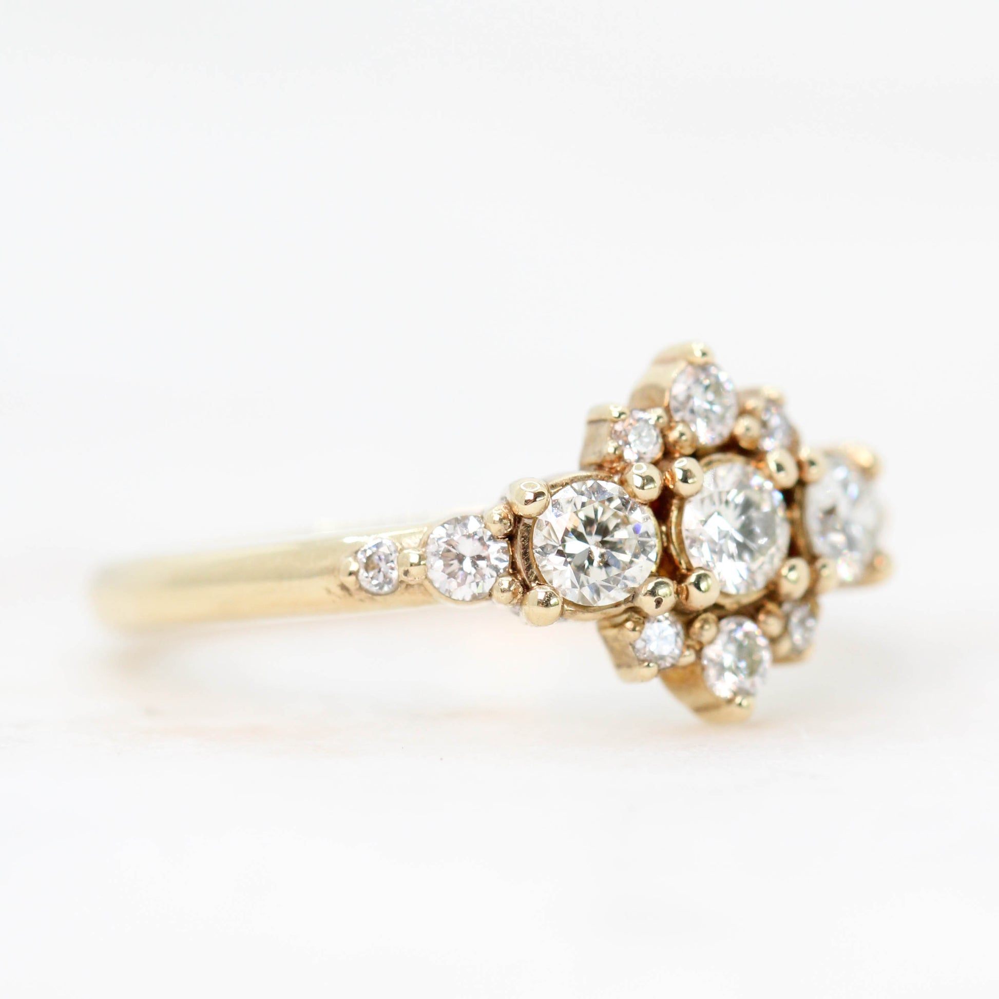 Victoria Ring with Three Round White Diamonds and White Accent Diamonds in 14k Yellow Gold - Ready to Size and Ship - Midwinter Co. Alternative Bridal Rings and Modern Fine Jewelry