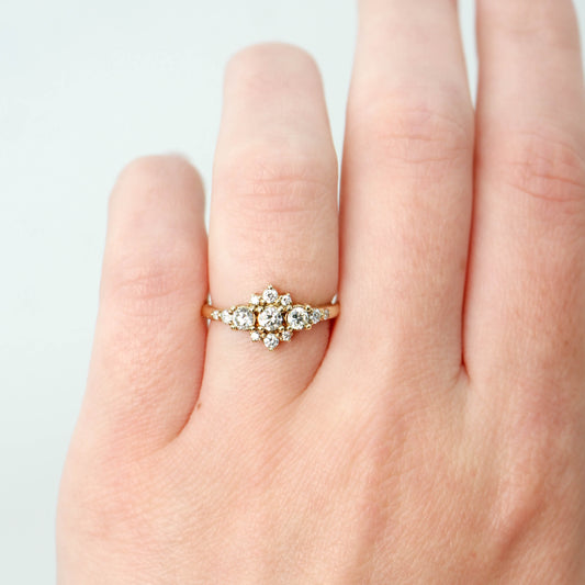 Victoria Ring with Three Round White Diamonds and White Accent Diamonds in 14k Yellow Gold - Ready to Size and Ship - Midwinter Co. Alternative Bridal Rings and Modern Fine Jewelry