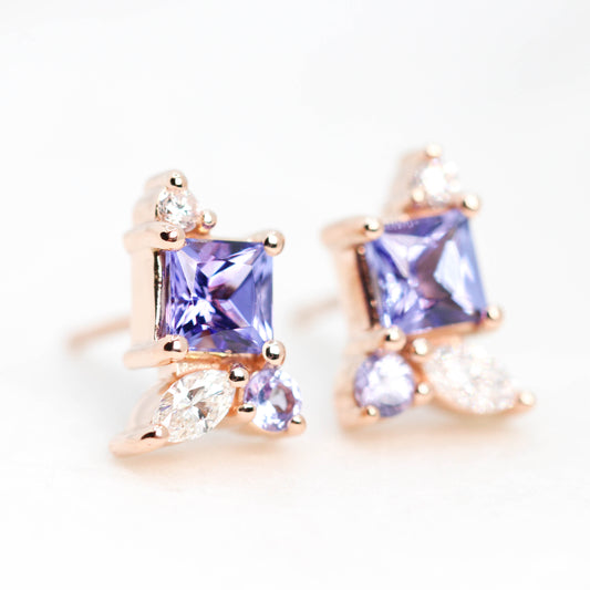 (SB) Princess Cut Tanzanite Earrings with Tanzanite and Diamond Accents - Made to Order, Your Choice of 14k Gold - Midwinter Co. Alternative Bridal Rings and Modern Fine Jewelry