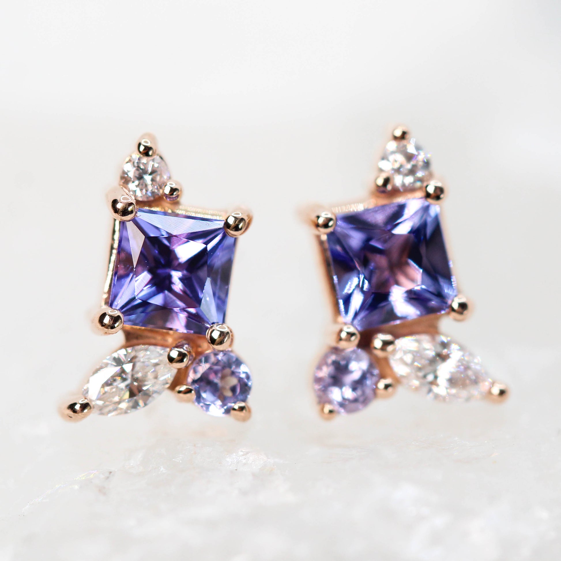 (SB) Princess Cut Tanzanite Earrings with Tanzanite and Diamond Accents - Made to Order, Your Choice of 14k Gold - Midwinter Co. Alternative Bridal Rings and Modern Fine Jewelry
