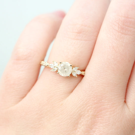 Betty Ring with a 0.97 Carat Round Misty White Salt and Pepper Diamond and White Accent Diamonds in 14k Yellow Gold - Ready to Size and Ship - Midwinter Co. Alternative Bridal Rings and Modern Fine Jewelry