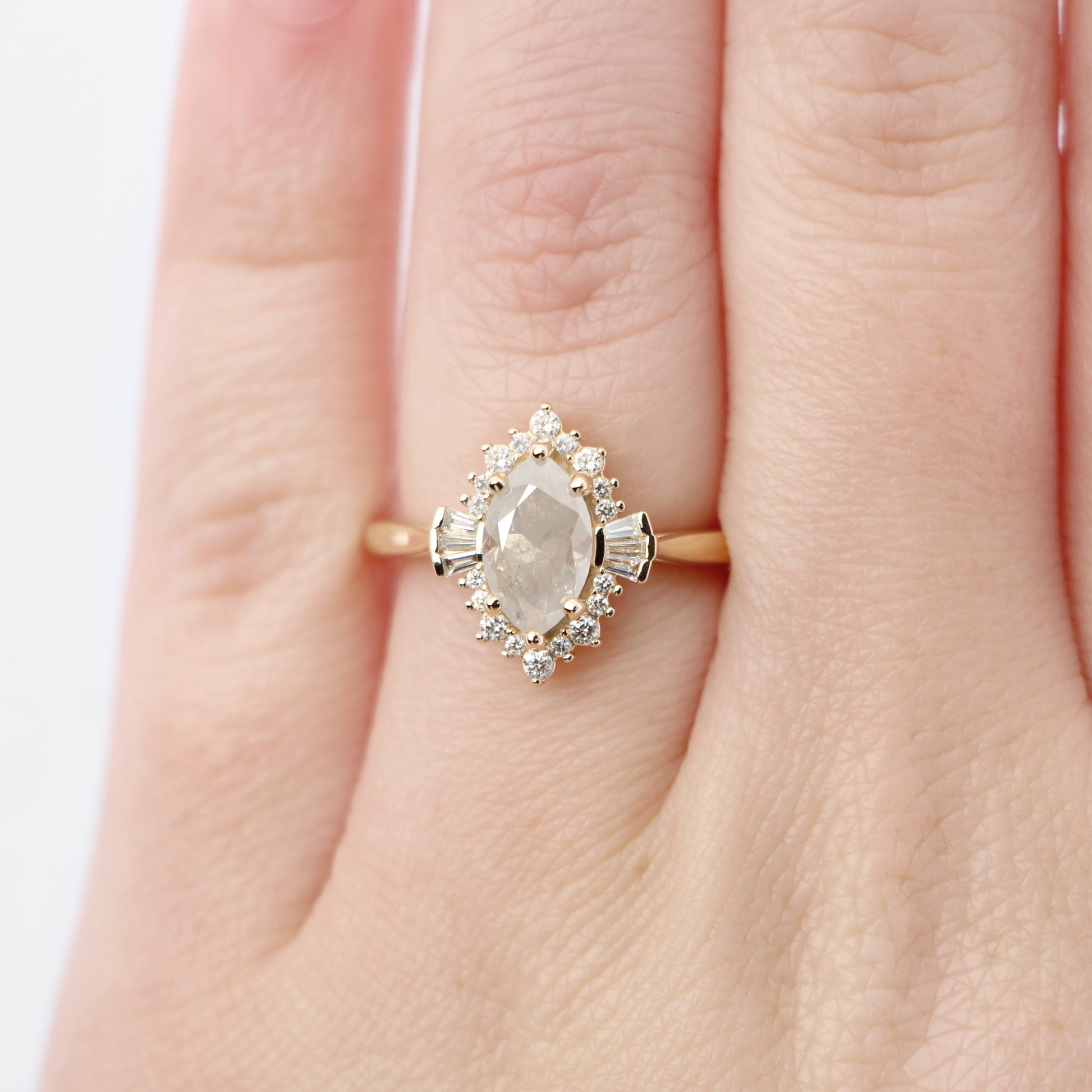 Meghan Ring with a 1.40 Carat Misty Gray Marquise Celestial Diamond and White Accent Diamonds in 14k Yellow Gold - Ready to Size and Ship - Midwinter Co. Alternative Bridal Rings and Modern Fine Jewelry