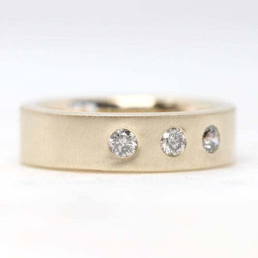 Rowan Band - Bezel Set Gray Diamond 3 Stone Anniversary / Unisex Wedding Band - Made to Order, Choose Your Gold Tone - Midwinter Co. Alternative Bridal Rings and Modern Fine Jewelry