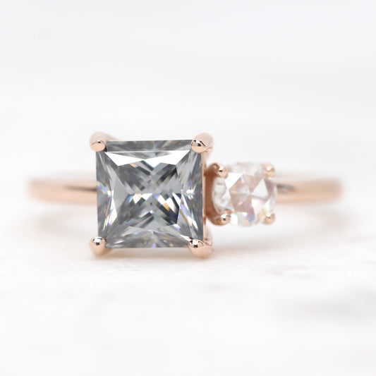 Toi et Moi Ring with a 1.40 Carat Princess Cut Gray Moissanite and a Round Clear Rose Cut Moissanite - Made to Order, Choose Your Gold Tone - Midwinter Co. Alternative Bridal Rings and Modern Fine Jewelry