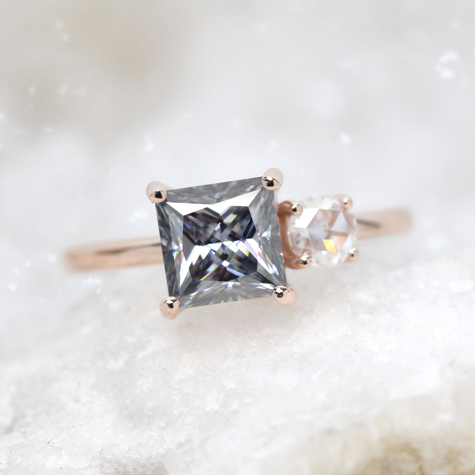 Toi et Moi Ring with a 1.40 Carat Princess Cut Gray Moissanite and a Round Clear Rose Cut Moissanite  - Made to Order, Choose Your Gold Tone - Midwinter Co. Alternative Bridal Rings and Modern Fine Jewelry