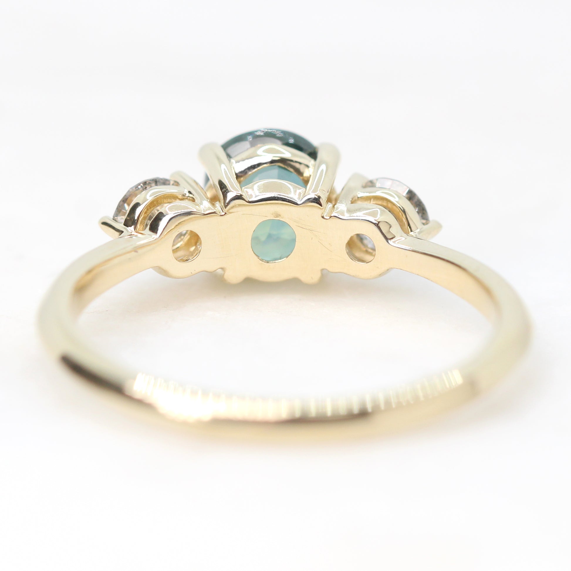 Olive Ring with a 1.34 Carat Teal Oval Madagascar Sapphire and Salt and Pepper Accent Diamonds in 14k Yellow Gold - Ready to Size and Ship - Midwinter Co. Alternative Bridal Rings and Modern Fine Jewelry