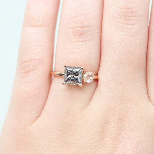 Toi et Moi Ring with a 1.40 Carat Princess Cut Gray Moissanite and a Round Clear Rose Cut Moissanite - Made to Order, Choose Your Gold Tone - Midwinter Co. Alternative Bridal Rings and Modern Fine Jewelry