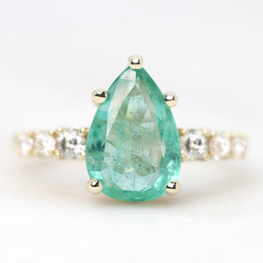 Tina Ring with a 2.50 Carat Pear Emerald and Gray & White Accent Diamonds in 14k Yellow Gold - Ready to Size and Ship - Midwinter Co. Alternative Bridal Rings and Modern Fine Jewelry