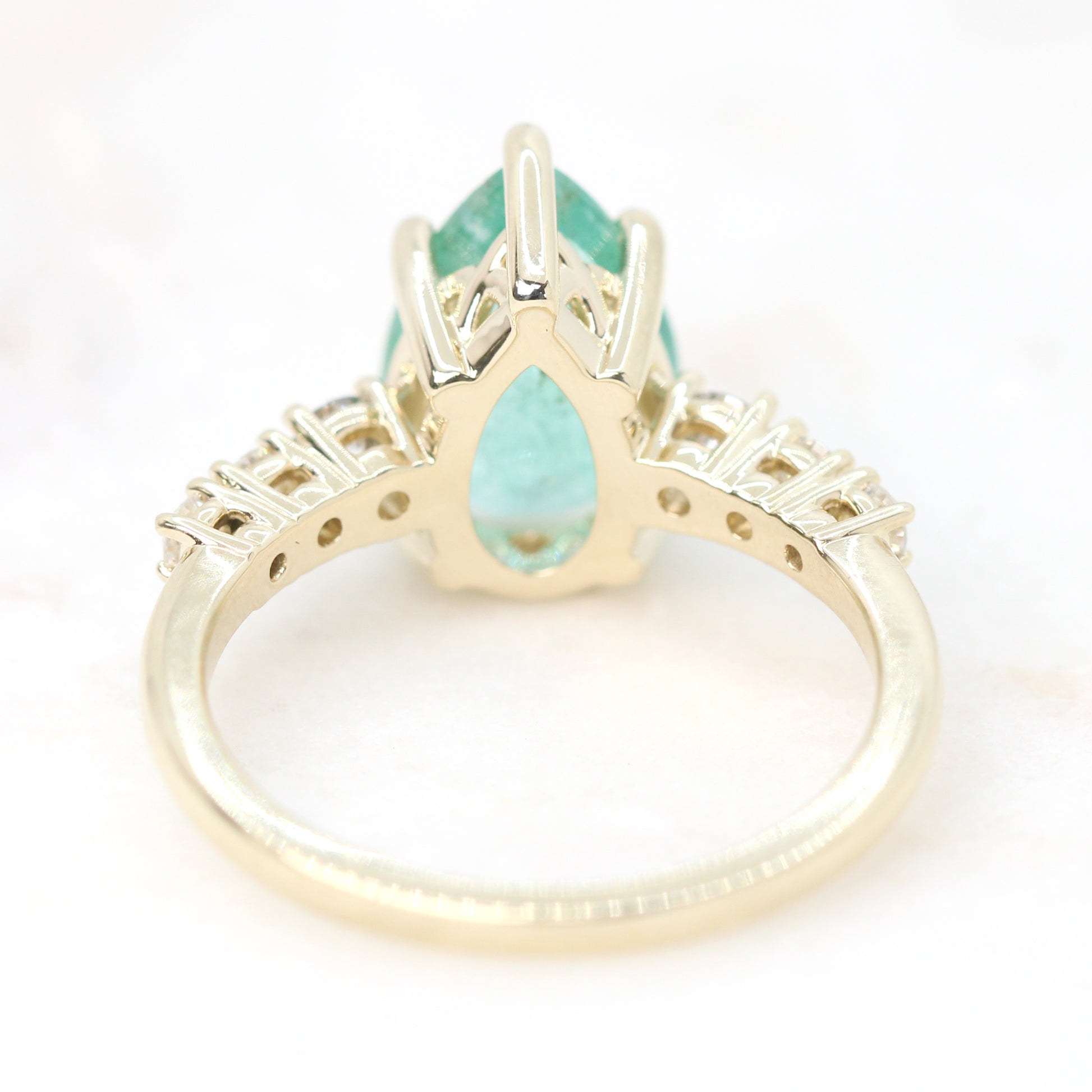 Tina Ring with a 2.50 Carat Pear Emerald and Gray & White Accent Diamonds in 14k Yellow Gold - Ready to Size and Ship - Midwinter Co. Alternative Bridal Rings and Modern Fine Jewelry