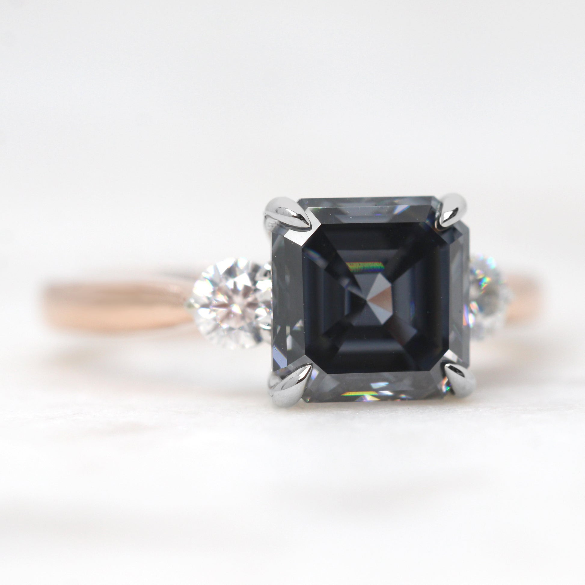 Olive Ring with a 2.50 Carat Asscher Cut Gray Moissanite and Moissanite Accents in 14k White & Rose Gold - Ready to Size and Ship - Midwinter Co. Alternative Bridal Rings and Modern Fine Jewelry