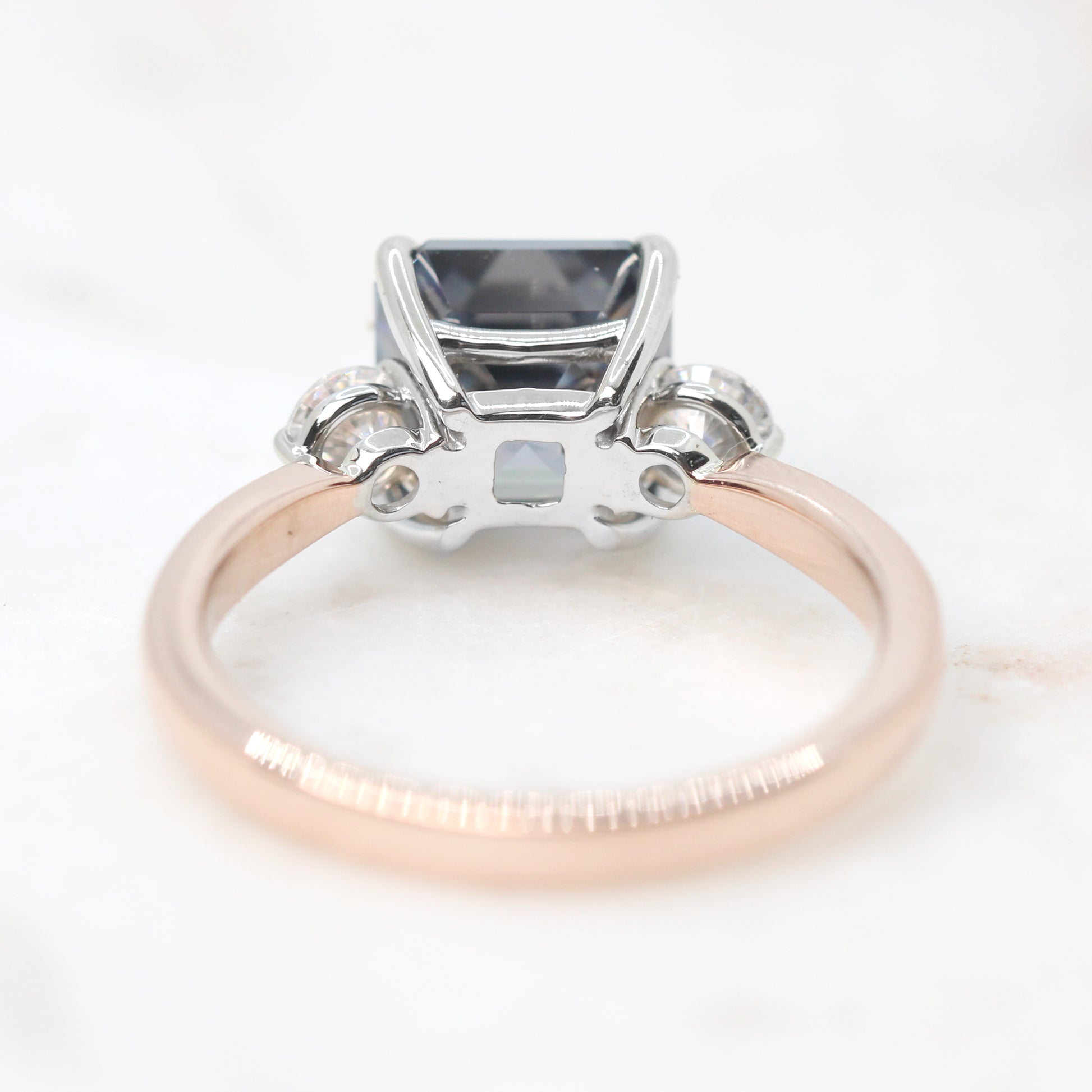 Olive Ring with a 2.50 Carat Asscher Cut Gray Moissanite and Moissanite Accents in 14k White & Rose Gold - Ready to Size and Ship - Midwinter Co. Alternative Bridal Rings and Modern Fine Jewelry