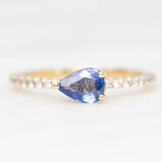 Gayle Ring with a 0.68 Carat Cornflower Blue Pear Sapphire and White Accent Diamonds in 10k Yellow Gold - Ready to Size and Ship - Midwinter Co. Alternative Bridal Rings and Modern Fine Jewelry