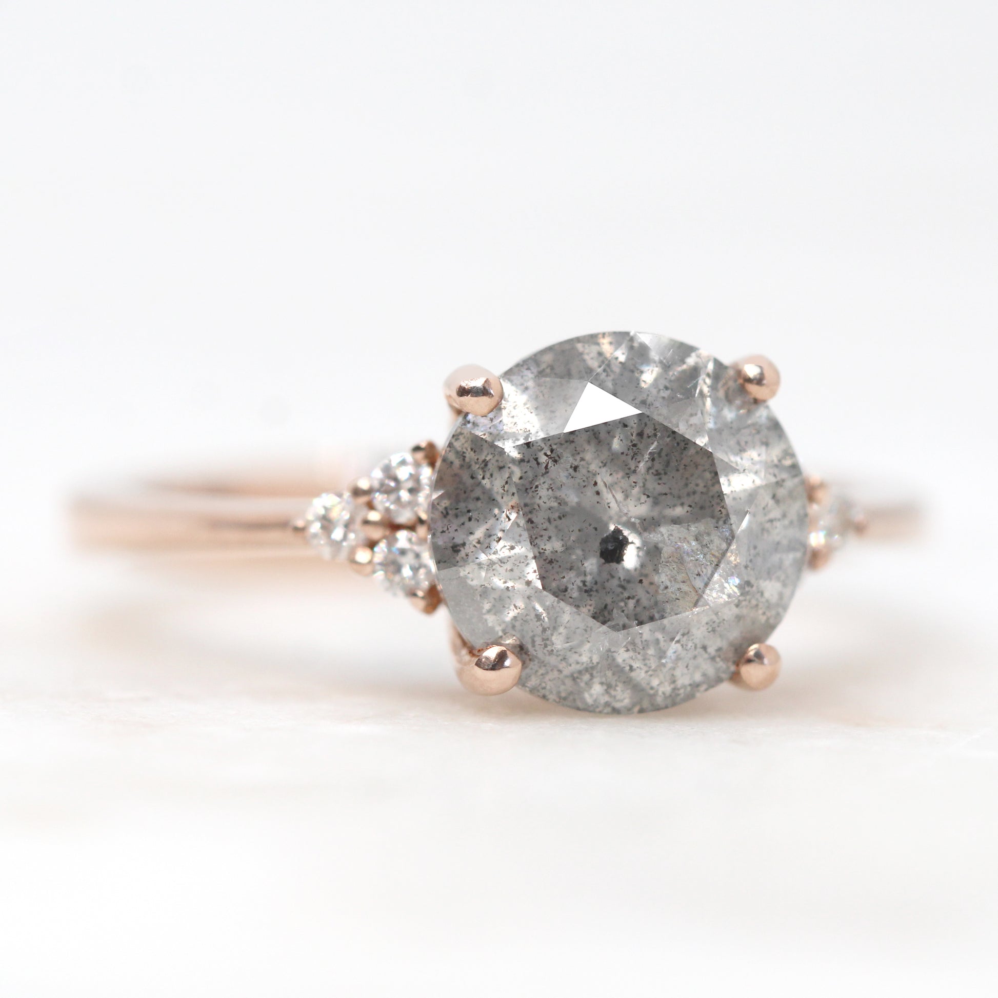 Imogene Ring with a 3.00 Carat Round Bright Gray Celestial Diamond and White Accent Diamonds in 14k Rose Gold - Ready to Size and Ship - Midwinter Co. Alternative Bridal Rings and Modern Fine Jewelry