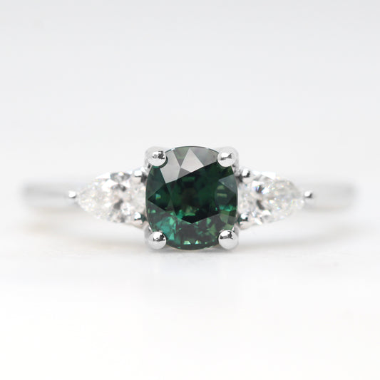 Oleander Ring with a 1.03 Dark Teal Cushion Cut Madagascar Sapphire and White Accent Diamonds in 14k White Gold - Ready to Size and Ship - Midwinter Co. Alternative Bridal Rings and Modern Fine Jewelry