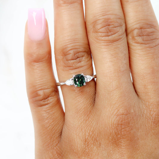 Oleander Ring with a 1.03 Carat Dark Teal Cushion Cut Madagascar Sapphire and White Accent Diamonds in 14k White Gold - Ready to Size and Ship - Midwinter Co. Alternative Bridal Rings and Modern Fine Jewelry