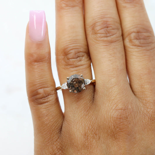 Oleander Ring with a 3.01 Carat Round Champagne Salt and Pepper Diamond and White Diamond Accents in 14k Yellow Gold - Ready to Size and Ship - Midwinter Co. Alternative Bridal Rings and Modern Fine Jewelry