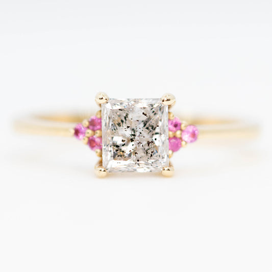 Imogene Ring with a 1.25 Carat Princess Cut Salt and Pepper Diamond and Pink Accent Sapphires in 14k Yellow Gold - Ready to Size and Ship