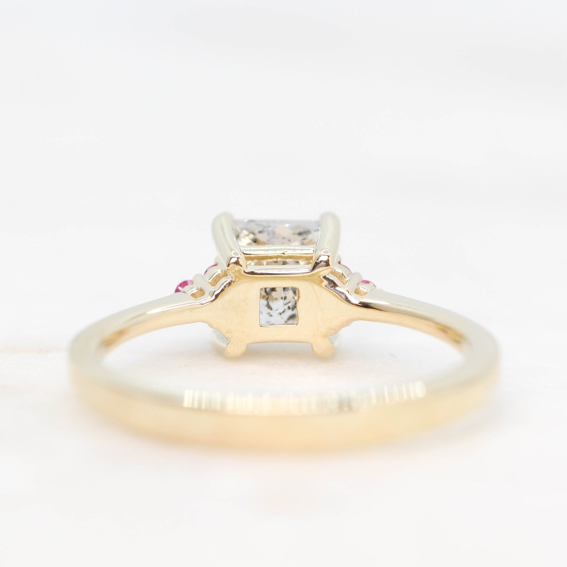 Imogene Ring with a 1.25 Carat Clear Celestial Princess Cut Diamond and Pink Accent Sapphires in 14k Yellow Gold - Ready to Size and Ship - Midwinter Co. Alternative Bridal Rings and Modern Fine Jewelry