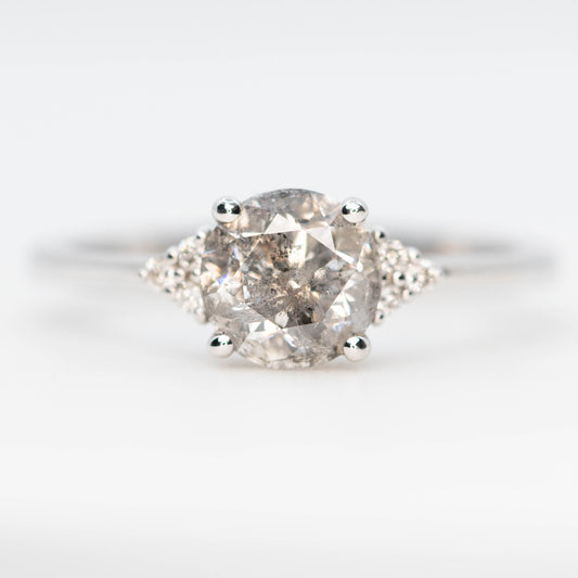 Imogene Ring with a 1.28 Carat Round Gray Salt and Pepper Diamond and White Accent Diamonds in 14k White Gold - Ready to Size and Ship