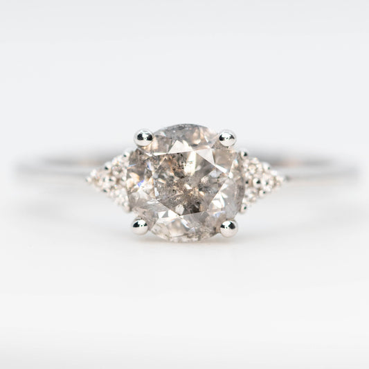 Imogene Ring with a 1.28 Carat Round Gray Salt and Pepper Diamond and White Accent Diamonds in 14k White Gold - Ready to Size and Ship