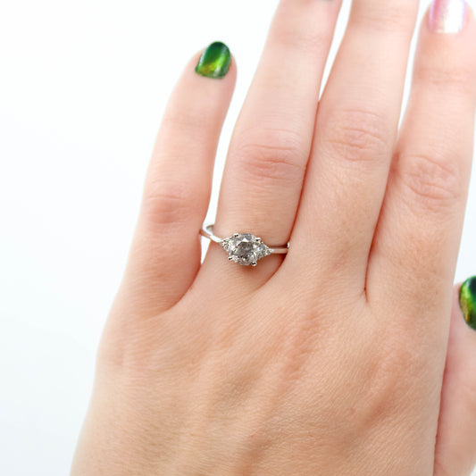 Imogene Ring with a 1.28 Carat Round Gray Salt and Pepper Diamond and White Accent Diamonds in 14k White Gold - Ready to Size and Ship