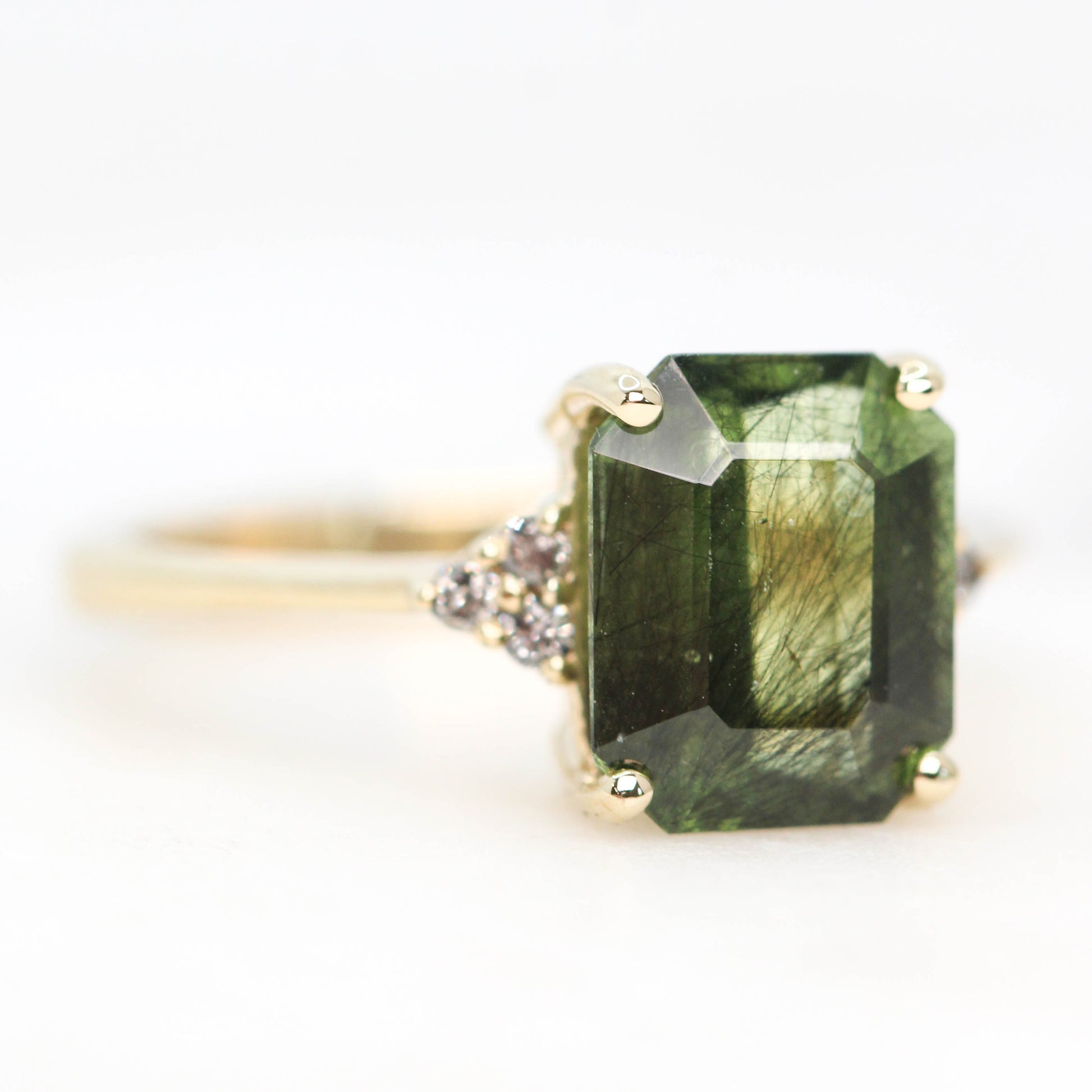 Imogene Ring with a 3.65 Carat Emerald Cut Peridot and Gray Accent Diamonds in 14k Yellow Gold - Ready to Size and Ship - Midwinter Co. Alternative Bridal Rings and Modern Fine Jewelry