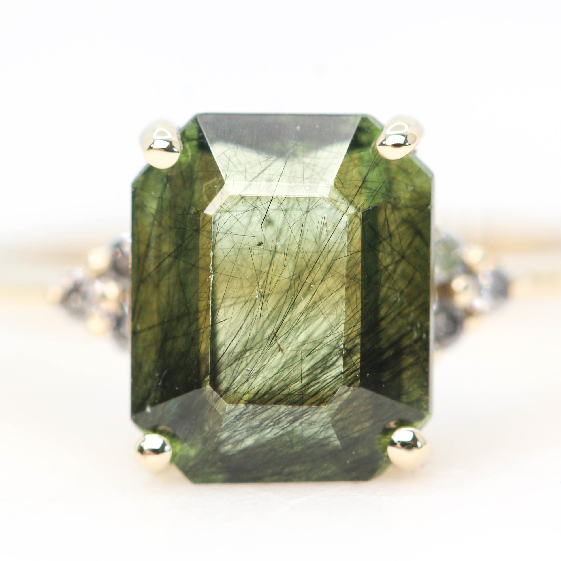 Imogene Ring with a 3.65 Carat Emerald Cut Peridot and Gray Accent Diamonds in 14k Yellow Gold - Ready to Size and Ship - Midwinter Co. Alternative Bridal Rings and Modern Fine Jewelry
