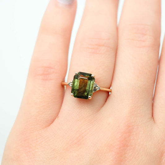 Imogene Ring with a 3.65 Carat Emerald Cut Peridot and Gray Accent Diamonds in 14k Yellow Gold - Ready to Size and Ship