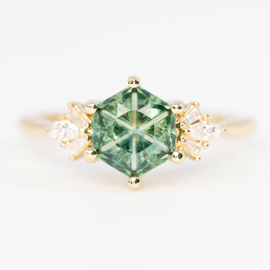 Ines Ring with a 1.36 Carat Fantasy Cut Teal Green Montana Sapphire and White Accent Diamonds in 14k Yellow Gold - Ready to Size and Ship - Midwinter Co. Alternative Bridal Rings and Modern Fine Jewelry