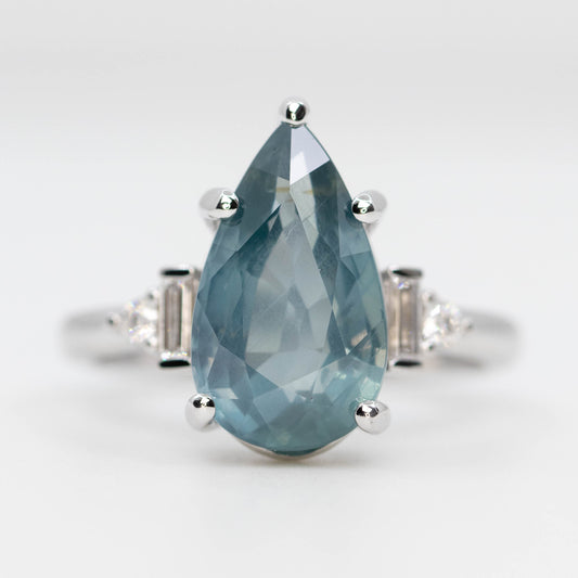 Iris Ring with a 6.49 Carat Pear Blue Sapphire and White Accent Diamonds in 14k White Gold - Ready to Size and Ship - Midwinter Co. Alternative Bridal Rings and Modern Fine Jewelry