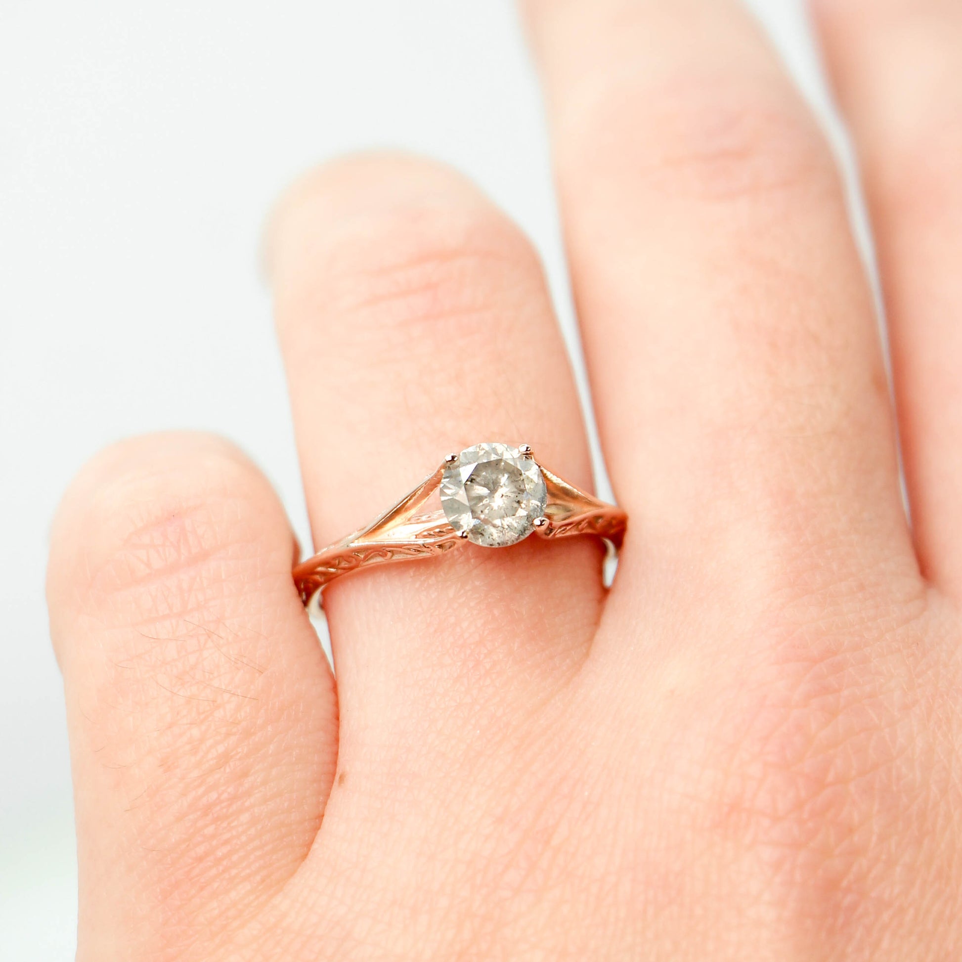 Ivy Ring with a 0.98 Carat Round Light Gray Celestial Diamond in 14k Rose Gold - Ready to Size and Ship - Midwinter Co. Alternative Bridal Rings and Modern Fine Jewelry