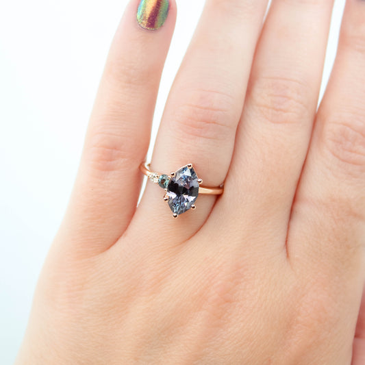 Jesse Ring with a 2.65 Carat Marquise Sapphire and Diamond and Sapphire Accents in 14k Rose Gold - Ready to Size and Ship