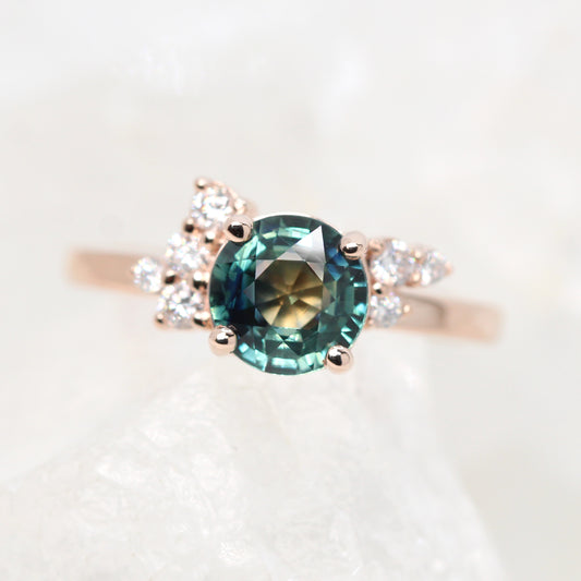Project: Custom Baby Orion Cluster Ring with a 1.5 Carat Teal Blue Sapphire and Asymmetrical Accent Diamonds in 14k - Midwinter Co. Alternative Bridal Rings and Modern Fine Jewelry