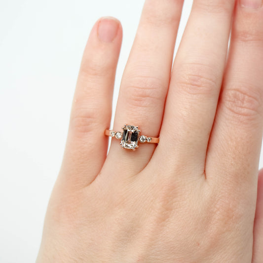 Joyce Ring with a 2.18 Carat Emerald Cut Sapphire and White Accent Diamonds in 14k Rose Gold - Midwinter Co. Alternative Bridal Rings and Modern Fine Jewelry